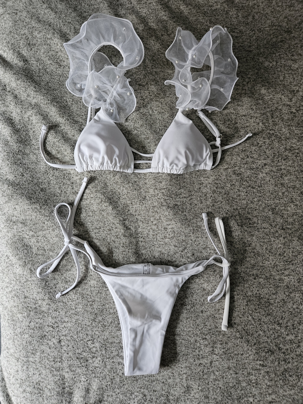 White Bridal Ruffle-Accent Pearl Tie Bikini Set
